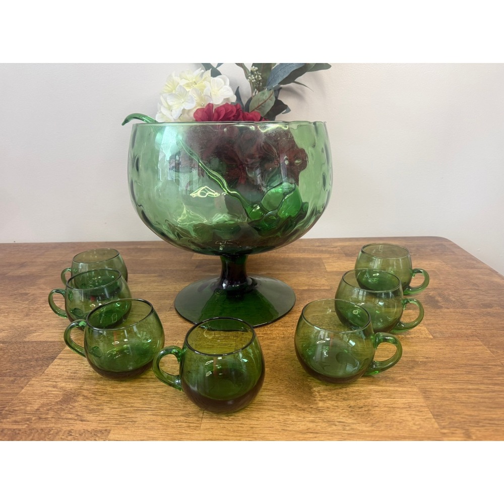 Vintage‎ Green Glass Punch Bowl Set Pedestal Cups Glass Ladle MCM Bar Cart Retro